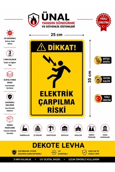 Dikkat Elektrik Çarpılma Riski Levhası 25x35 cm Dekota Levha 3 mm UV Baskılı Elektrik ürün görseli 1