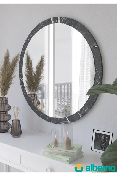 Siyah Mermer Ahşap Dekoratif Yuvarlak Antre Koridor Duvar Banyo Wc Ofis Aynası 42 Cm ürün görseli 1