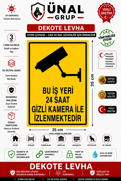 Bu İş Yeri 24 Saat Gizli Kamera ile İzlenmektedir Uyarı Levhası 25x35 cm Dekota ürün görseli 1