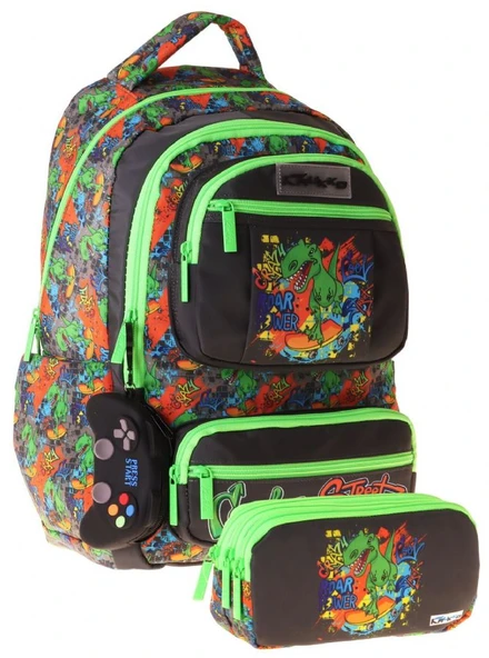 Kaukko Kids Street Siyah - Yeşil Erkek Çocuk İlkokul Sırt Çantası ve Kalem Çantası Seti - SETKK-L5414C ürün görseli 1