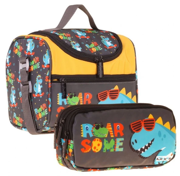 Kaukko Kids Erkek Çocuk Dinazor Roar Some Baskılı Sarı - Mavi Thermo Beslenme Çantası ve Kalemlik Seti - SETKK-L5395 ürün görseli 1
