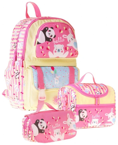 Kaukko Kids Hello(Sarı - Pembe Renk) Kız Çocuk Üçlü İlkokul Okul Çantası Seti/Takımı - SETKK-L5308A ürün görseli 1