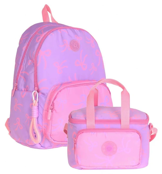 Kaukko Bow Kız Çocuk Mor Fiyonk Baskılı Okul Çantası ve Beslenme Çantası Seti - SETKK-K1879B ürün görseli 1