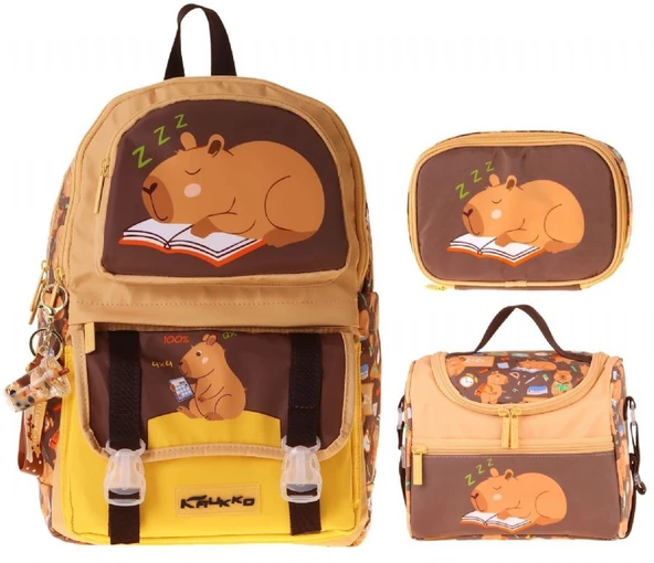 Kaukko Kids Clever(Kahverengi Renk) Erkek Çocuk Üçlü İlkokul Okul Çantası Seti/Takımı - SETKK-L5384D ürün görseli 1