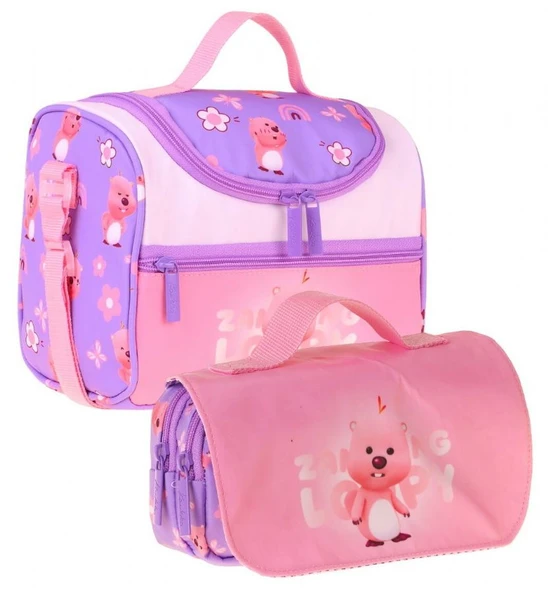 Kaukko Kids Kız Çocuk Loopy Baskılı Lila - Pembe Thermo Beslenme Çantası ve Kalemlik Seti - SETKK-L5304 ürün görseli 1