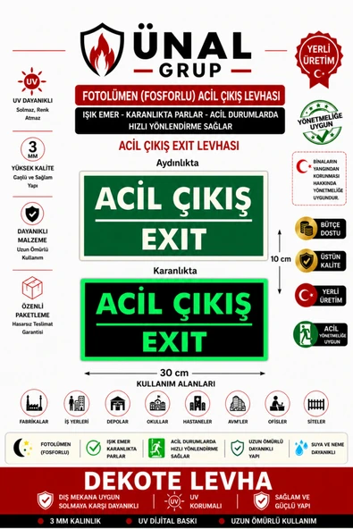 Fotolümen Fosforlu Acil Çıkış Acil Çıkış Yön Levhası Kolay Montaj İkaz Tabelası ürün görseli 1