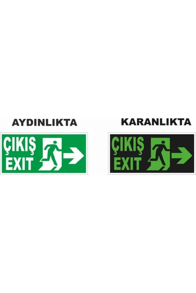 Çıkış Acil Çıkış Sağ Ok Fosforlu Levha 12x25 cm Dekota Kolay Montaj İş Yeri için Fotolümen ürün görseli 1