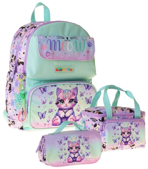 Kaukko Kids Meow(Yeşil - Mor Renk) Kız Çocuk Üçlü İlkokul Okul Çantası Seti/Takımı - SETKK-L5288A ürün görseli 1