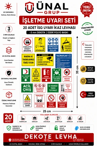 İşletme Uyarı Seti 20 Adet İSG Uyarısı 25x35 cm 3 mm Dekota UV Folyo Baskı İş Dekota Folyo ürün görseli 1