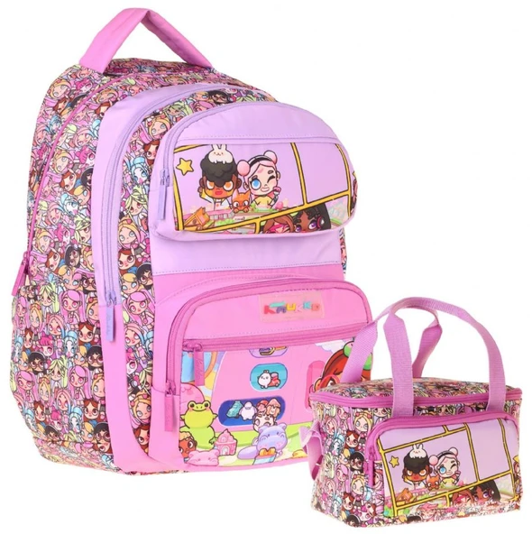 Kaukko Kids Nagy Kız Çocuk Pembe İlkokul Sırt Çantası ve Beslenme Çanta Seti - SETKK-L5333B ürün görseli 1