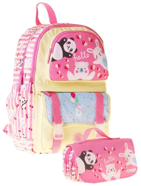 Kaukko Kids Hello Sarı - Pembe Kız Çocuk İlkokul Sırt Çantası ve Kalem Çantası Seti - SETKK-L5308C ürün görseli 1