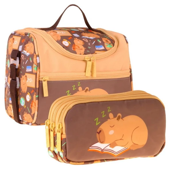Kaukko Kids Erkek Çocuk Clever Baskılı Kahverengi Thermo Beslenme Çantası ve Kalemlik Seti - SETKK-L5385 ürün görseli 1