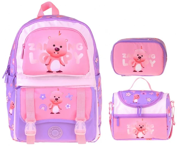 Kaukko Kids Loopy(Lila - Pembe Renk) Kız Çocuk Üçlü İlkokul Okul Çantası Seti/Takımı - SETKK-L5303D ürün görseli 1