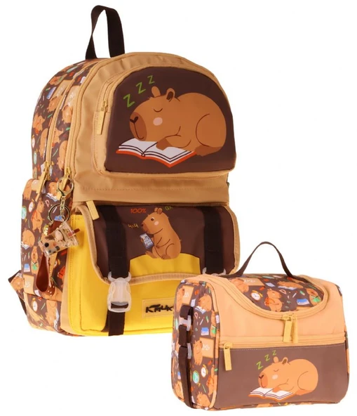 Kaukko Kids Clever Erkek Çocuk Kahverengi İlkokul Sırt Çantası ve Beslenme Çanta Seti - SETKK-L5384B ürün görseli 1