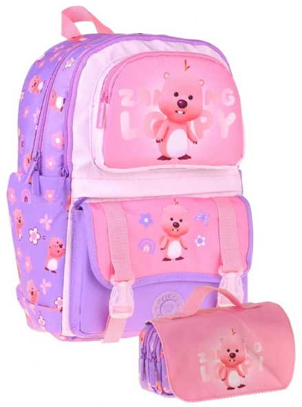 Kaukko Kids Loopy Lila - Pembe Kız Çocuk İlkokul Sırt Çantası ve Kalem Çantası Seti - SETKK-L5303C ürün görseli 1