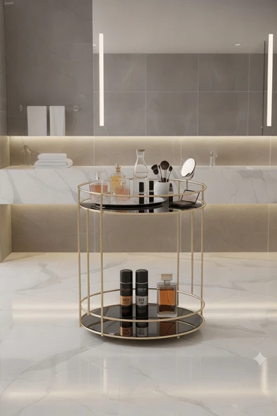 Banyo Kozmetik Takı Düzenleyici Çok Amaçlı Organizer 2 Katlı Servis Sunum Tepsisi Ikramlık Gold ürün görseli 1