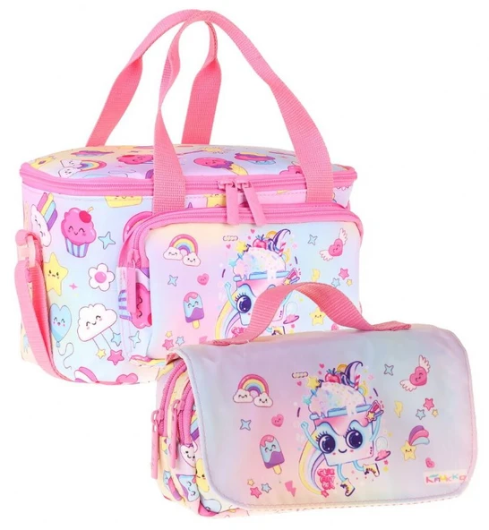 Kaukko Kids Kız Çocuk Dondurma Desenli Pembe Thermo Beslenme Çantası ve Kalemlik Seti - SETKK-L5284 ürün görseli 1
