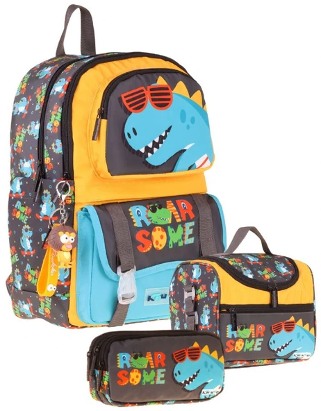 Kaukko Kids Roar(Sarı - Mavi Renk) Erkek Çocuk Üçlü İlkokul Okul Çantası Seti/Takımı - SETKK-L5394A ürün görseli 1
