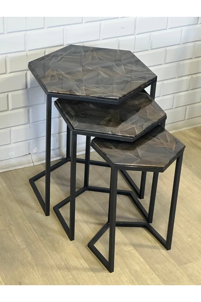 Usta Altıgen Siyah Metal Yaldız Çizgi Desen Mdf Tablalı 3lü Zigon Sehpa ürün görseli 1