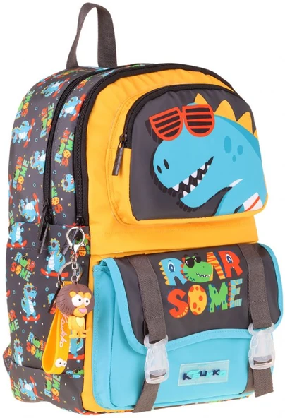 Kaukko Kids Dört Bölmeli Erkek Çocuk Dinazor Roar Some Baskılı Sarı - Mavi Okul Sırt Çantası - L5394 ürün görseli 1