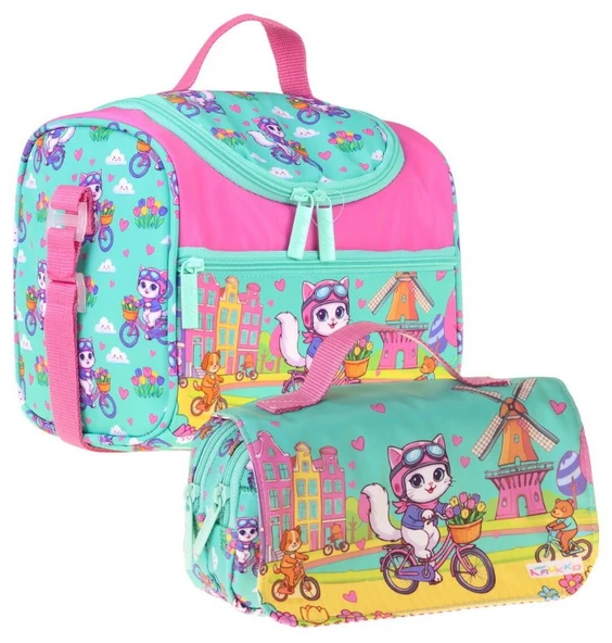 Kaukko Kids Kız Çocuk Bisikletli Kedi Baskılı Yeşil - Pembe Thermo Beslenme Çantası ve Kalemlik Seti - SETKK-L5329 ürün görseli 1