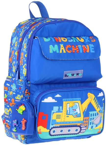 Kaukko Kids Erkek Çocuk Dinazor ve İş Makinesi Baskılı Okul Çantası - Mavi - Sarı - Mechanic - L5369 ürün görseli 1