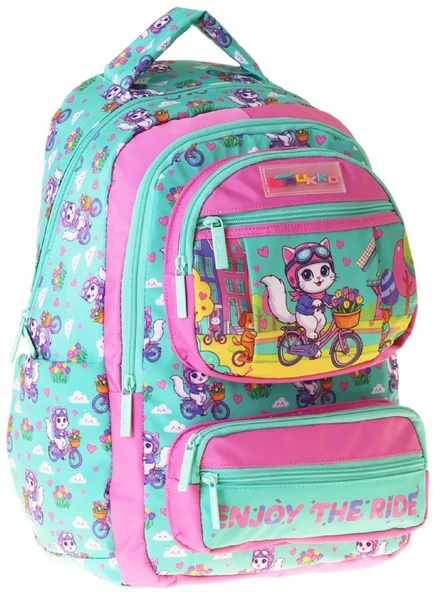 Kaukko Kids Kız Çocuk Bisikletli Kedi Baskılı (Cat Bike) Altı Bölmeli İlkokul Sırt Çantası - L5328 ürün görseli 1