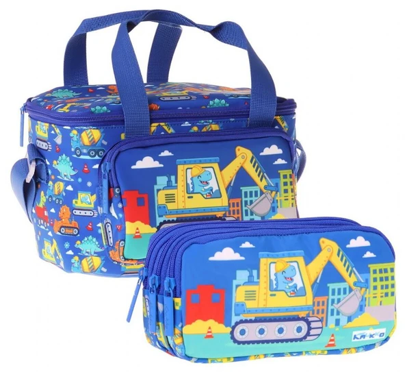 Kaukko Kids Erkek Çocuk Dinazor ve İş Makinesi Baskılı Mavi - Sarı Thermo Beslenme Çantası ve Kalemlik Seti - SETKK-L5370 ürün görseli 1