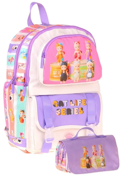 Kaukko Kids Cat Life Mor - Krem Kız Çocuk İlkokul Sırt Çantası ve Kalem Çantası Seti - SETKK-L5313C ürün görseli 1