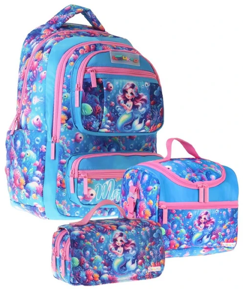 Kaukko Kids Coral(Pembe - Mavi Renk) Kız Çocuk Üçlü İlkokul Okul Çantası Seti/Takımı - SETKK-L5323A ürün görseli 1