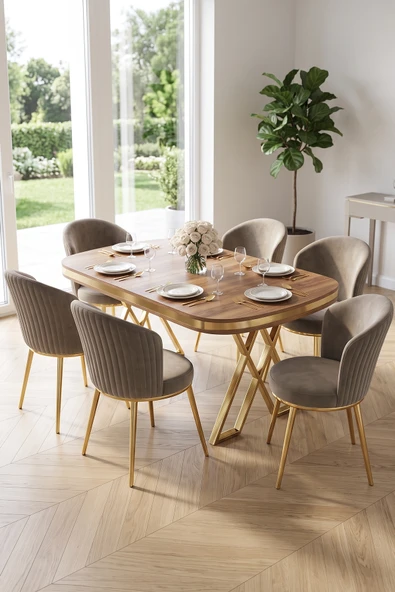 Nisare Serisi 90x168 Lak Panel Hazar Masa Takımı Gold Ayaklı 6 Sandalye ürün görseli 1