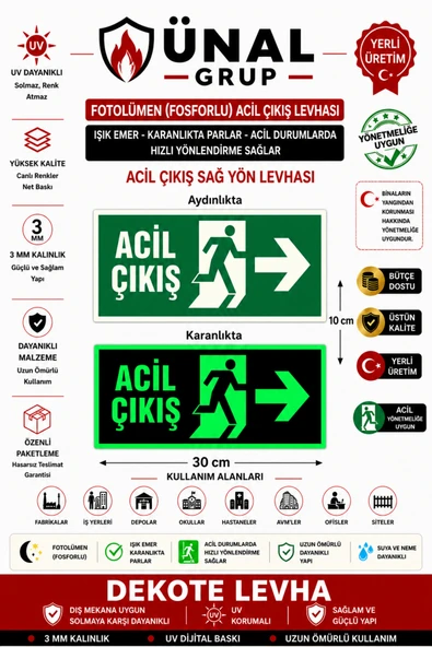 Fosforlu Acil Çıkış Levhası 12x25 cm Fosforlu Fotolümen İkaz Tabelası Apartman Site ürün görseli 1