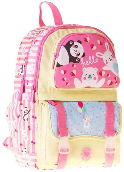 Kaukko Kids Dört Bölmeli Kız Çocuk Hello Baskılı Sarı - Pembe Okul Sırt Çantası - L5308 ürün görseli 1