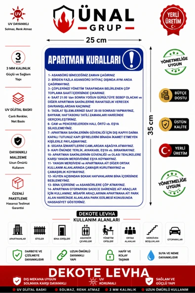 Apartman Kuralları Uyarı Levhası Kolay Montaj İş Yeri Apartman Uyumlu PVC İkaz Tabelası ürün görseli 1