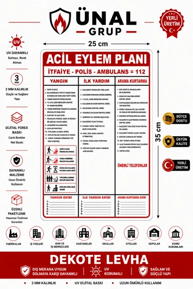 Acil Eylem Planı Levhası 35x25 cm Kolay Montaj İş Yeri Apartman Uyumlu PVC İkaz Tabelası ürün görseli 1