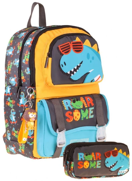 Kaukko Kids Roar Sarı - Mavi Erkek Çocuk İlkokul Sırt Çantası ve Kalem Çantası Seti - SETKK-L5394C ürün görseli 1