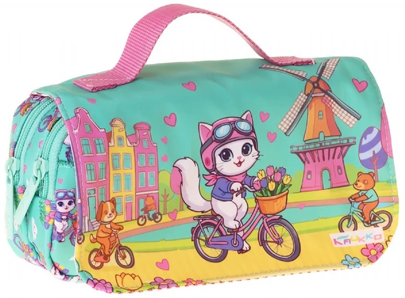 Kaukko Kids Taşıma Askılı Kız Çocuk Bisikletli Kedi Baskılı Şık Kalem Çantası (Yeşil - Pembe) - L5330 ürün görseli 1