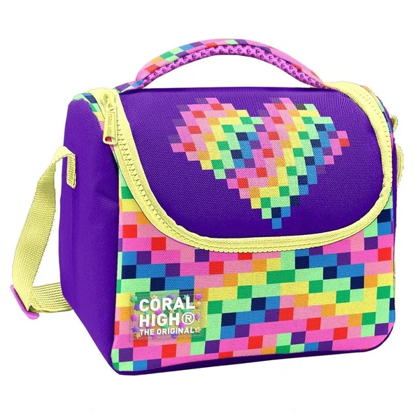 Coral High Kız Çocuk Mor Piksel Kalp Desenli Isı Yalıtımlı Beslenme Çantası 37108 ürün görseli 1
