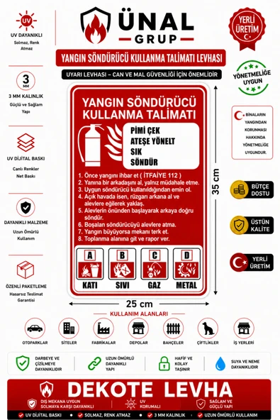 Yangın Söndürücü Kullanma Talimatı Levhası 25x35 cm 3 mm PVC Dekotalı Yangın Güvenlik ürün görseli 1