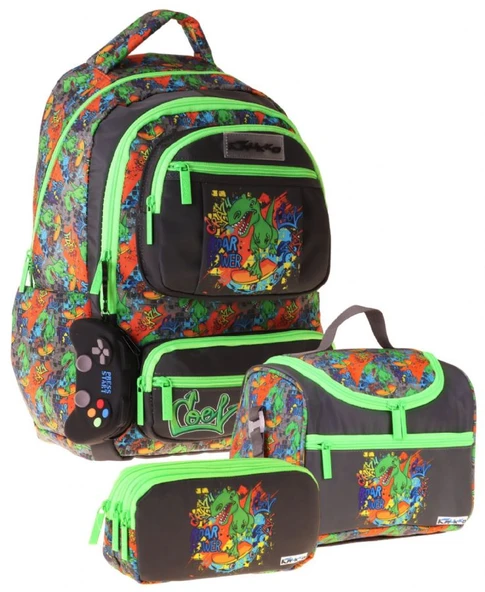 Kaukko Kids Street(Siyah - Yeşil Renk) Erkek Çocuk Üçlü İlkokul Okul Çantası Seti/Takımı - SETKK-L5414A ürün görseli 1
