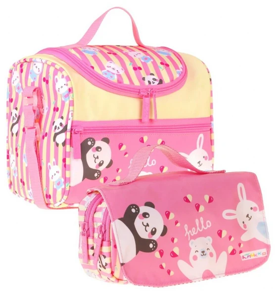 Kaukko Kids Kız Çocuk Hello Baskılı Sarı - Pembe Thermo Beslenme Çantası ve Kalemlik Seti - SETKK-L5309 ürün görseli 1