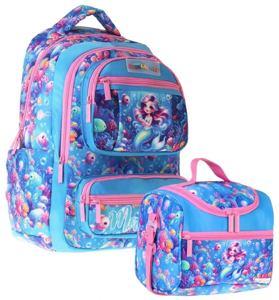 Kaukko Kids Coral Kız Çocuk Pembe - Mavi İlkokul Sırt Çantası ve Beslenme Çanta Seti - SETKK-L5323B ürün görseli 1