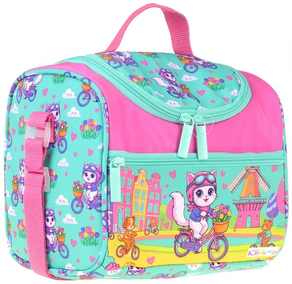 Kaukko Kids Kız Çocuk Bisikletli Kedi Baskılı Isı Yalıtımlı Okul Beslenme Çantası (Yeşil - Pembe) - L5329 ürün görseli 1