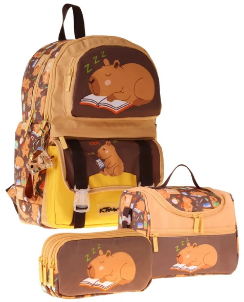 Kaukko Kids Clever(Kahverengi Renk) Erkek Çocuk Üçlü İlkokul Okul Çantası Seti/Takımı - SETKK-L5384A ürün görseli 1