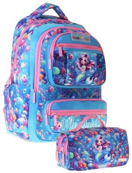 Kaukko Kids Coral Pembe - Mavi Kız Çocuk İlkokul Sırt Çantası ve Kalem Çantası Seti - SETKK-L5323C ürün görseli 1