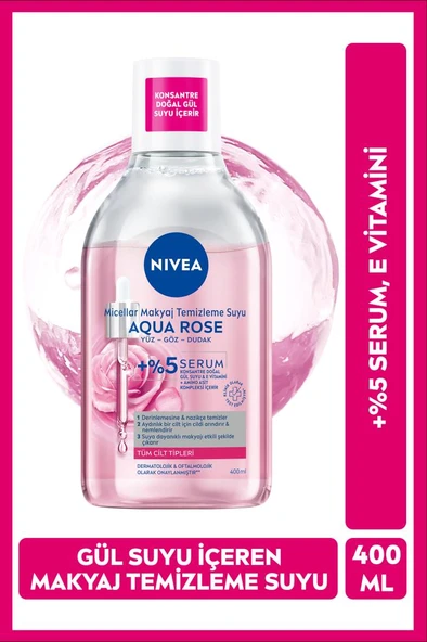 NIVEA Aqua Rose Gül Suyu İçeren Çift Fazlı Micellar Makyaj Temizleme Suyu 400ml,Yüz Göz Dudak, Aydınlatıcı ürün görseli 1