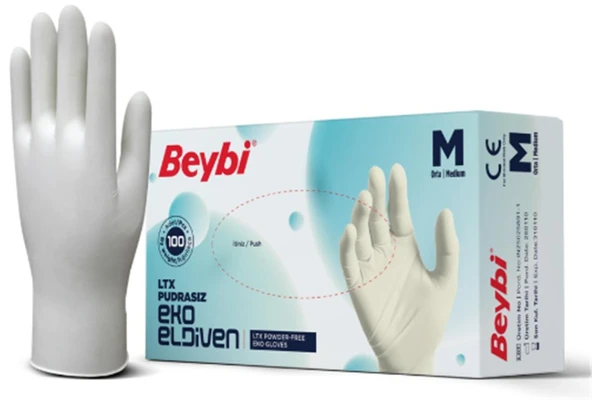 Beybi Lateks Pudrasız Eko (M) Medium Beden Muayene Eldiven 100lü Paket ürün görseli 1