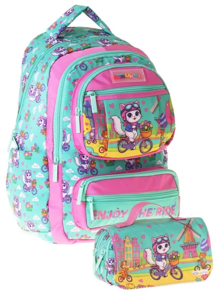 Kaukko Kids Cat Bike Yeşil - Pembe Kız Çocuk İlkokul Sırt Çantası ve Kalem Çantası Seti - SETKK-L5328C ürün görseli 1