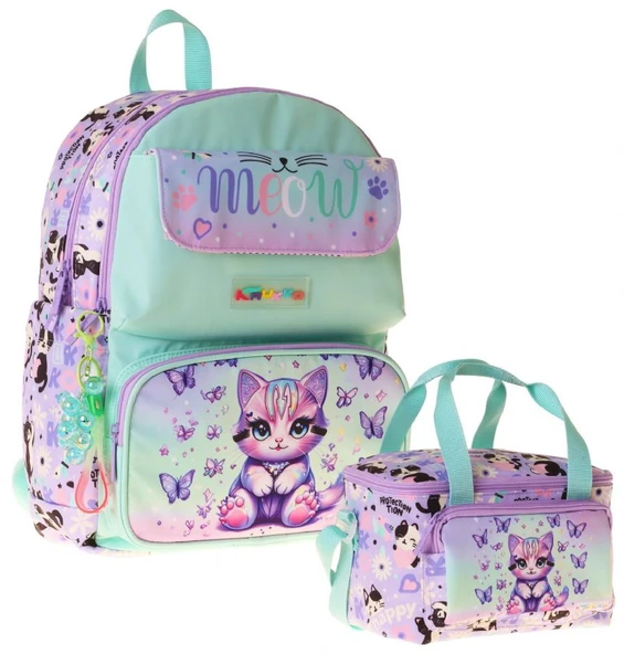 Kaukko Kids Meow Kız Çocuk Yeşil - Mor İlkokul Sırt Çantası ve Beslenme Çanta Seti - SETKK-L5288B ürün görseli 1