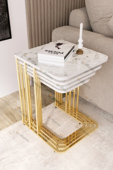 Orkide Tekerlekli 4 Lü Zigon Sehpa Gold- Beyaz Mermer Mdf ürün görseli 1